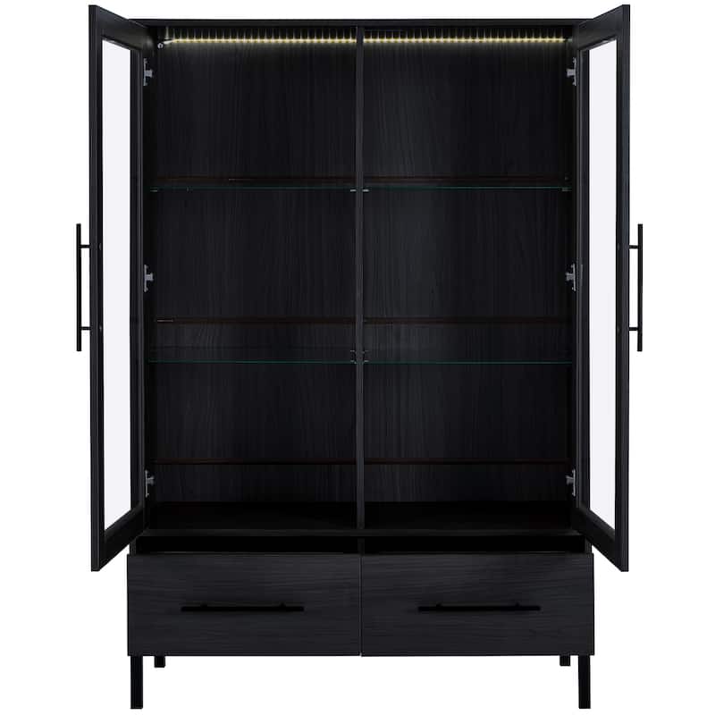 Display Cabinet Floor Cabinet with LED Light Strips, Accent Cabinet File Cabinet Base Cabinet with Metal Legs