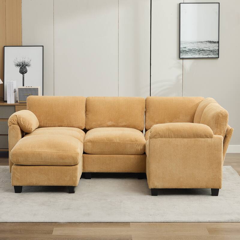 5-Seater Corduroy Sectional Sofa, Removable Ottoman, Modular Design