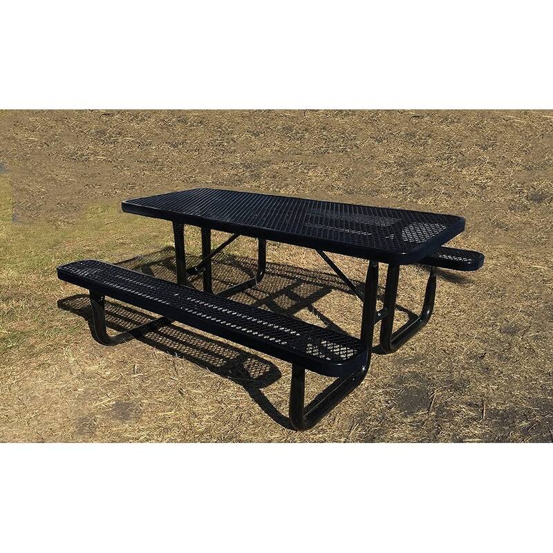 72" Expanded Metal Rectangular Picnic Table, Black With Umbrella Hole