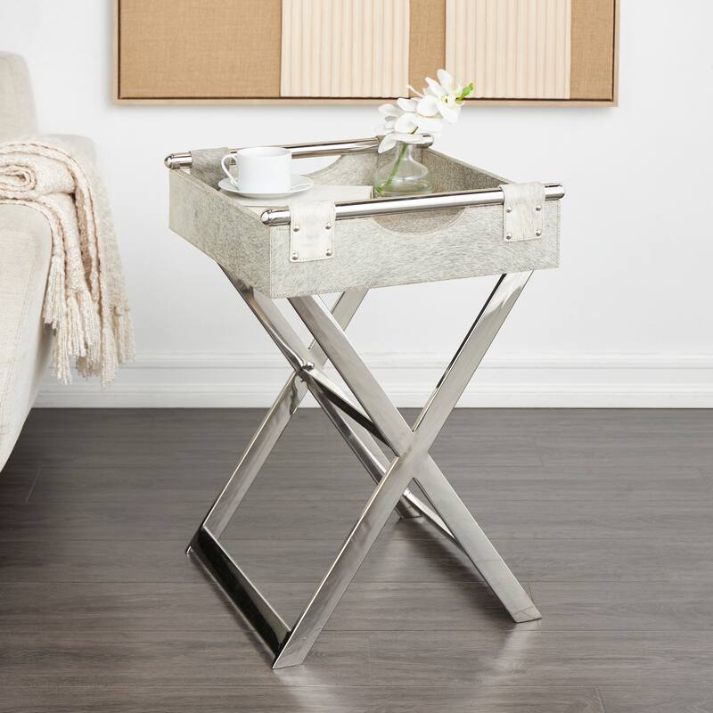 Gray Leather Tray Table Accent Table with Silver Legs and Handles - Gray - 19"W, 25"H