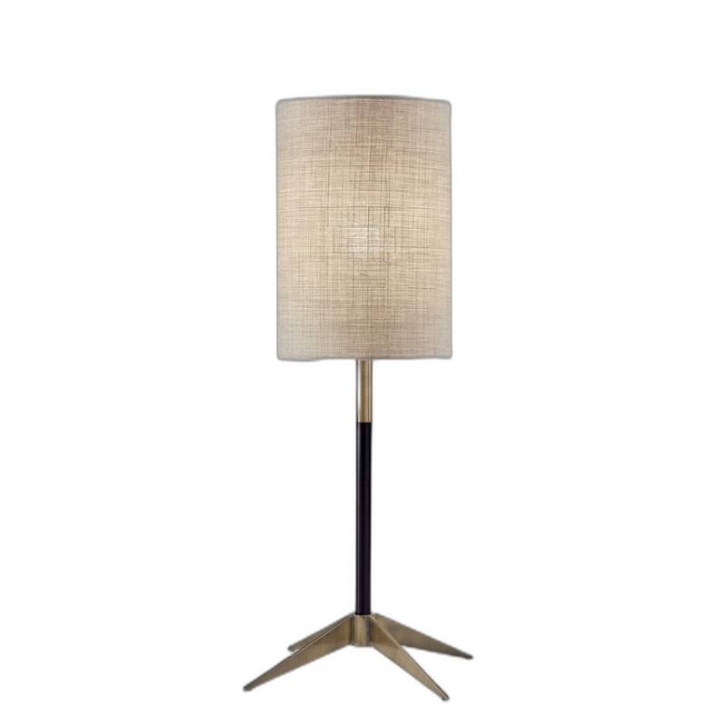 Antiqued Brass Metal Mid Century Cylinder Table Lamp with Brown Fabric Shade - 9.25” x 9.25” x 26.75” (D x W x H) - Brass-Brown