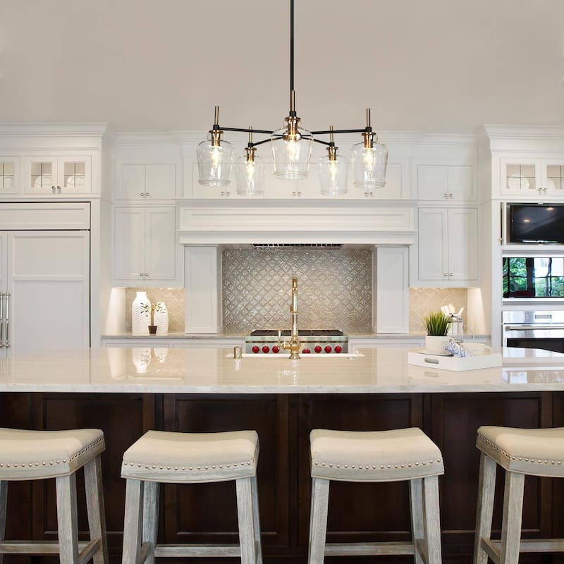 Mid-Century Modern 5-Light Glass Chandelier Black Gold Pendant Lights for Dining Room