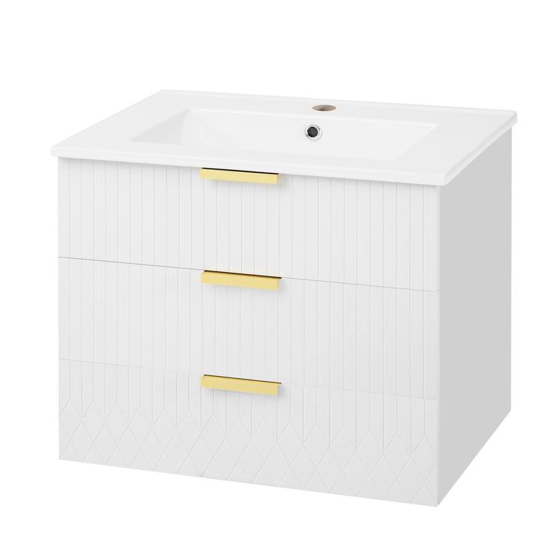 24'' Wall Mounted Bathroom Vanity with Ceramic Sink, Floating Bathroom Cabinet with 2 Drawers, Small Bathroom Storage Cabinet