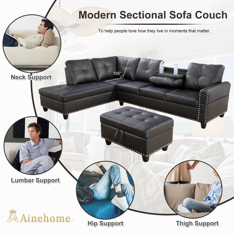 Black Faux Leather Synthetic Leather 3-Piece Sofa Set