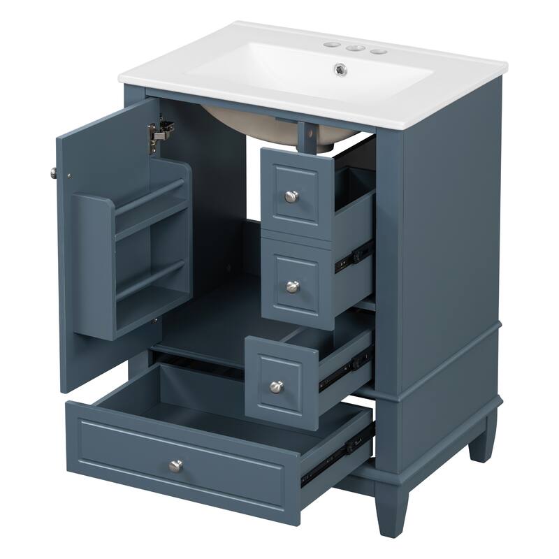 24" Freestanding Bathroom Vanity with Sink - Ceramic Top, Drawers & Shelves, MDF & Solid Wood Base, for Small Bathrooms