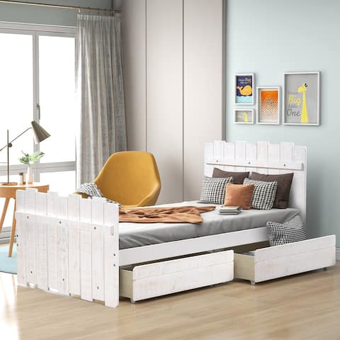 Double Platform Bed With Drawers, Retro Fence Shaped Headboard And Footrest, Country Style,