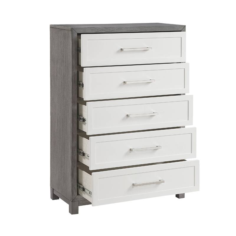 Rowy Tall Dresser Chest, 5 Drawer Bar Handles, Ivory and Gray Veneer