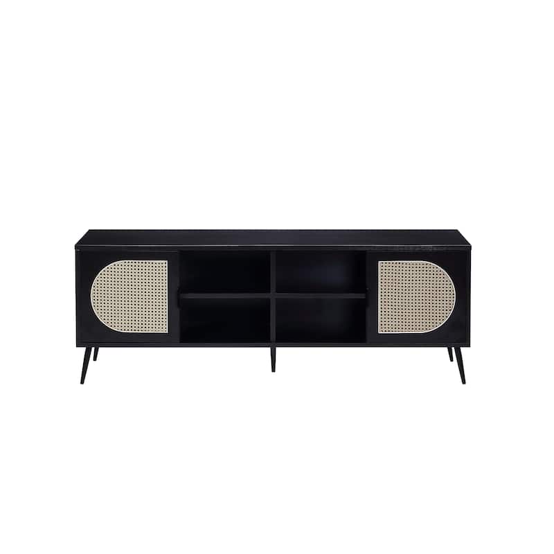 Black Transitional Style 60" TV Stand with Rattan Door and Four Open Compartments for TVs Up to 60"