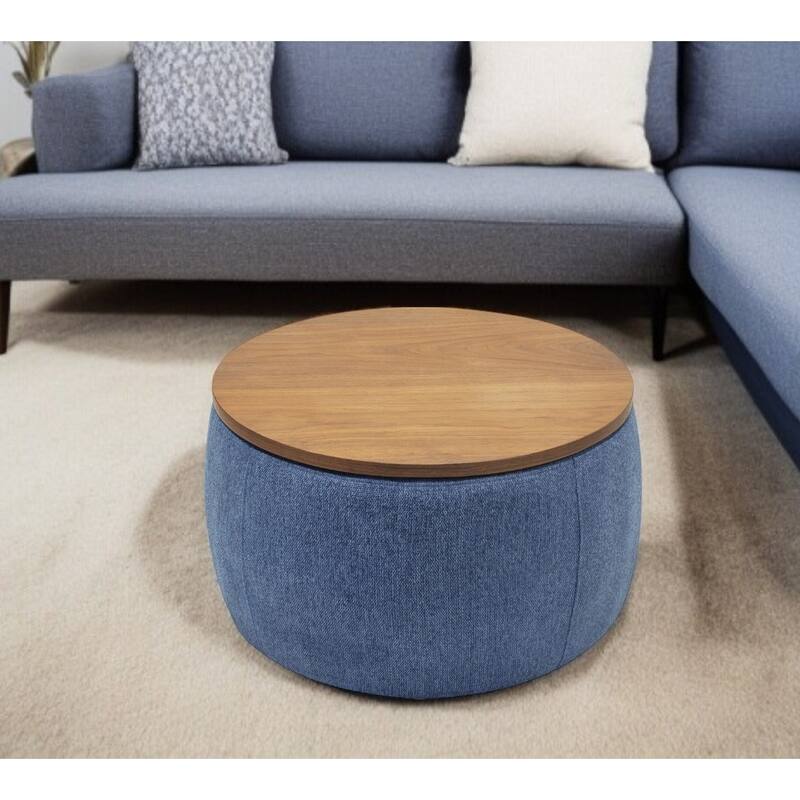 HomeRoots 26" Blue and Brown Fabric And Wood Reversible Tray Top Round Storage Ottoman - Blue - 25.5' X '14.5' X '25.5