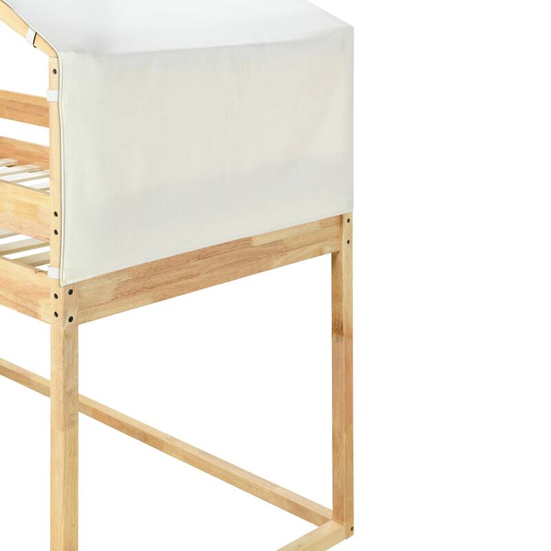 Twin Over Twin Bunk Bed Wood Beds with Tent and Ladder, House-Shaped Solid Wood Bedframe w/Full-Length Guardrails & Slat Support