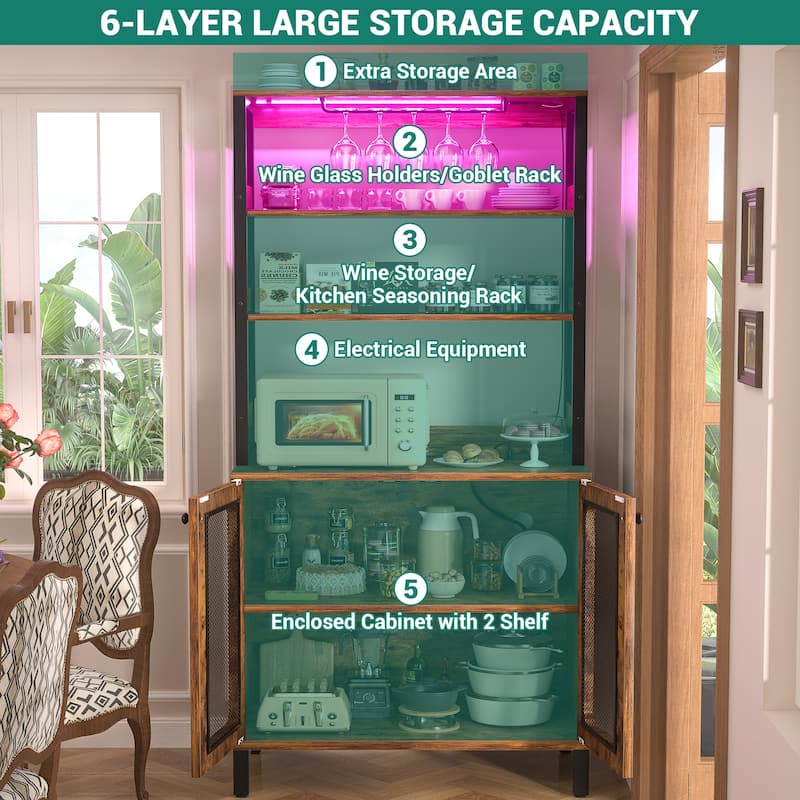 66.9'' Tall Modern Wine Cabinet Bar Cabinet with Wine Glasses Rack and LED Strip and Power Outlets