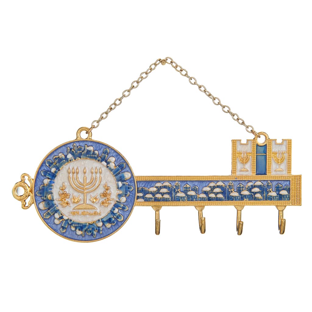 Matashi Hand-Painted Enamel Menorah & Jerusalem Cityscape Design Decorative Hanging Wall Hooks for Entryway Hallway Bedroom