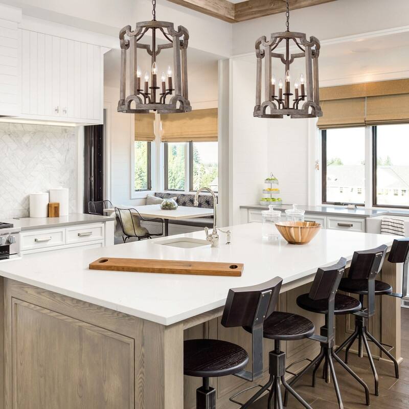 Farmhouse 5-Light Solid Wood Chandelier Rustic Lantern Pendant Lights for Kitchen Island - 16.5"D x 19"H