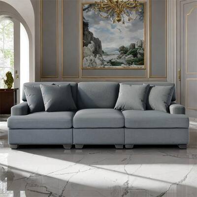 Modern 3-Seat Sofa with Removable Back and Seat Cushions, Apartment Couch with 4-Comfortable Pillows for Living Room, Grey