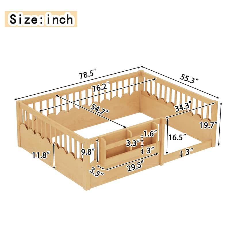 Full Floor bed with Heightened Fence and bookshelf, Wood Floor Bed for Kids