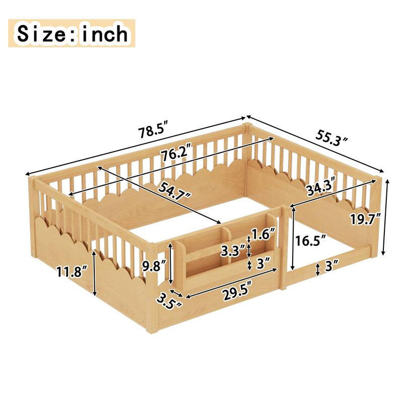 Queen/Full/Twin Floor Bed with Fence and Bookshelf, Wood Kids Floor Bed