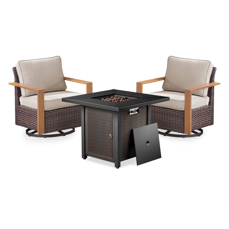 Meyreso 3-Piece Wicker Swivel Glider Metal Fire Pit Set with Plush 4.5" Olefin Cushions