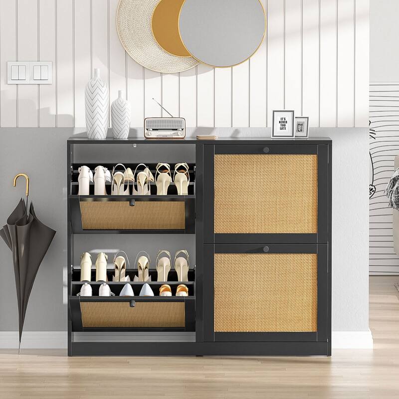 Anmytek 24 Pairs Large White Rattan Shoe Storage Cabinet with 4 Flip Drawers Narrow Shoe Storage Organizer for Entryway