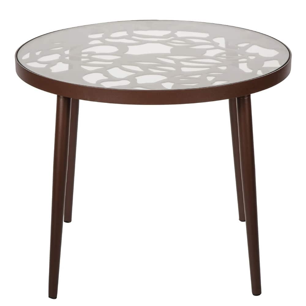 Devon Decorative Modern Floral Cutout Glass Top Patio Coffee Side Table with Aluminum Frame for Indoor Outdoor - 23 x 23