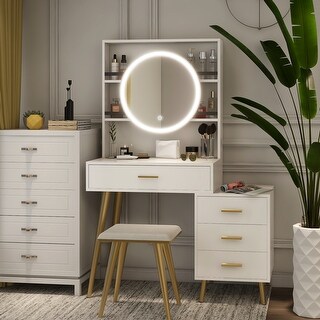 Vanity Desk with Mirror and Lights, Makeup Vanity with 4 Drawers - N/A