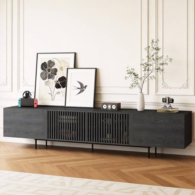 94.48 Inch Extra Long Black TV Stand with Slatted Doors, Modern Entertainment Center for TVs up to 100 Inches,