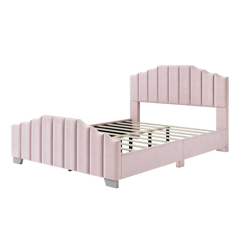 Full/Queen Velvet Upholstered Platform Bed Frame with Vertical Channel Tufted Headboard and Footboard, No Box Spring Needed