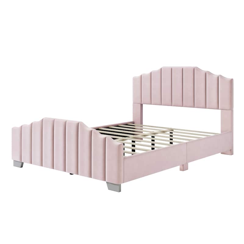Queen Size Velvet Platform Bed with Vertical Channel Tufted Headboard and Footboard, Sturdy Wood Frame