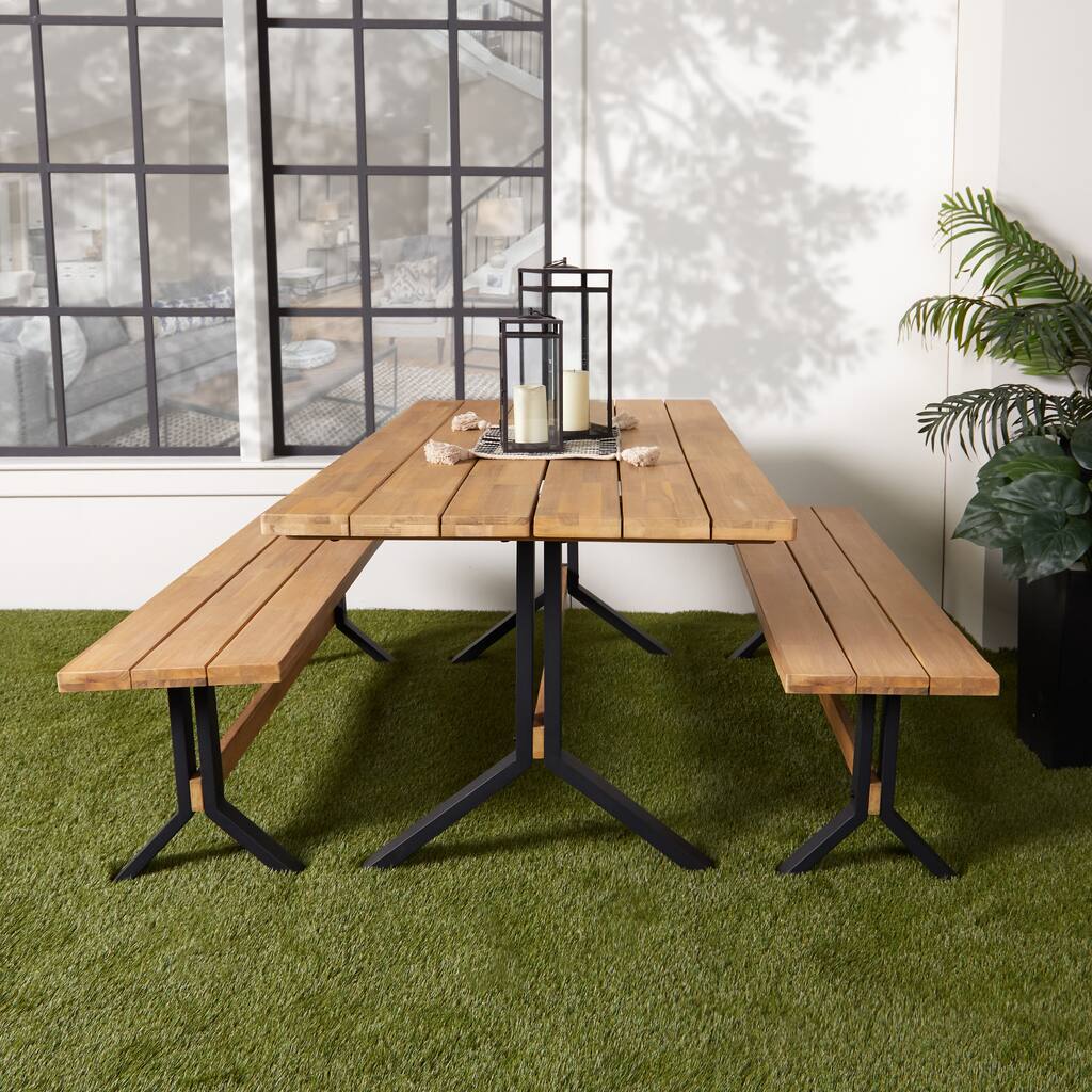 SEI Furniture Contemporary 3-Piece Natural Acacia Wood Dining Set with Dining Table and Benches