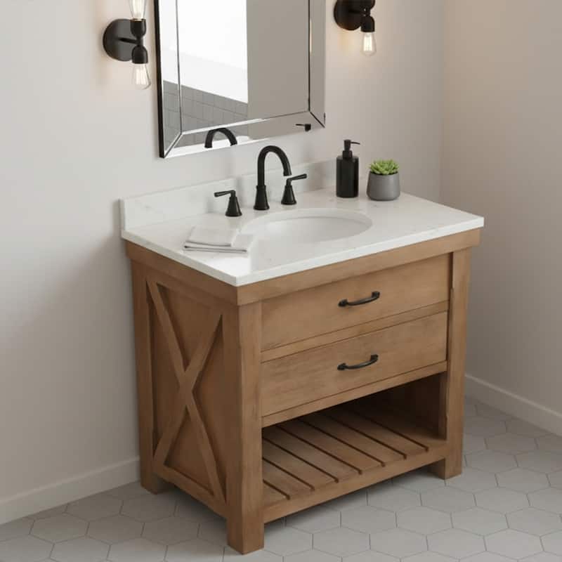 Deluxe natural finish vanity with 30 mm white marble top