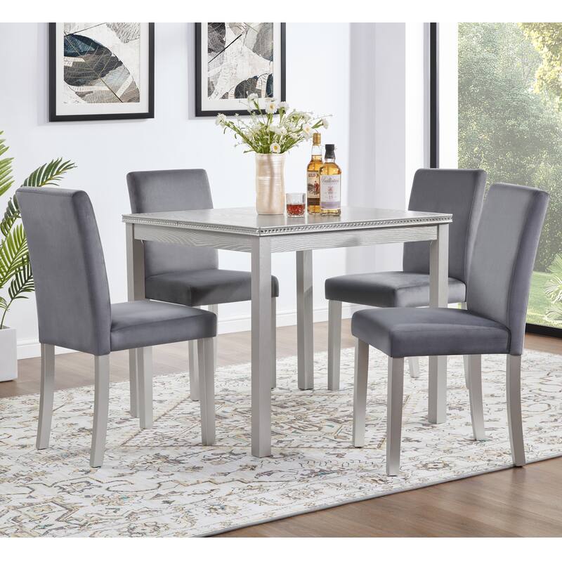 Modern Counter Height Table Set with 1 Square Table, 4 Upholstered Chairs and Crystal Accents, for Dining Rooms, 5-Piece