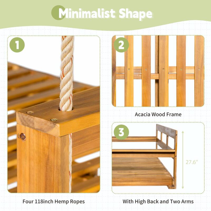 Patio Wooden Twin Size Porch Swing Daybed Frame, Garden Swing Bench Chair with 4 Hanging Ropes