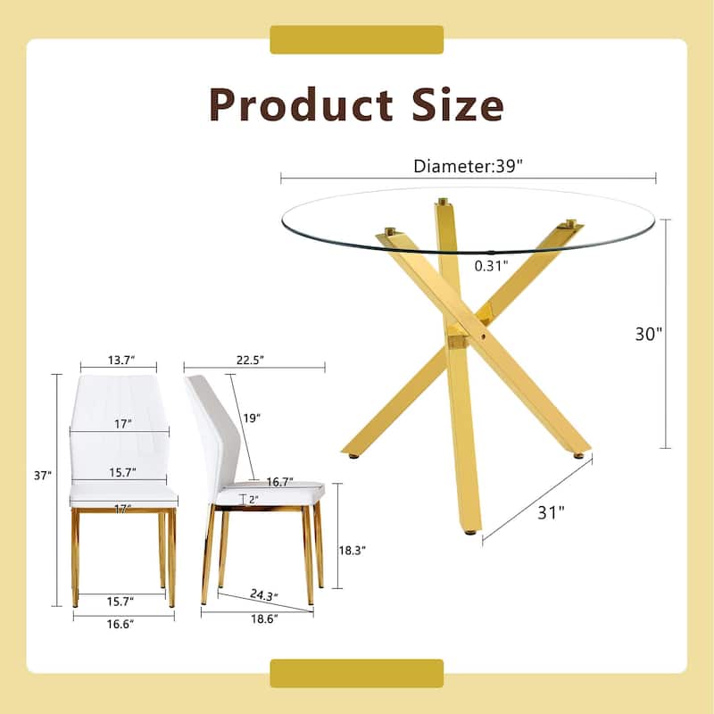 5 Piece Dining Table Set with 39 Inch Round Glass Top X Shaped Metal Base and 4 PU Chairs