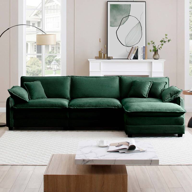 Green 4-piece Corduroy Upholstered L-Shaped Modular Sectional Sofa with Removable Ottoman, 5 Pillows, and Free Combination