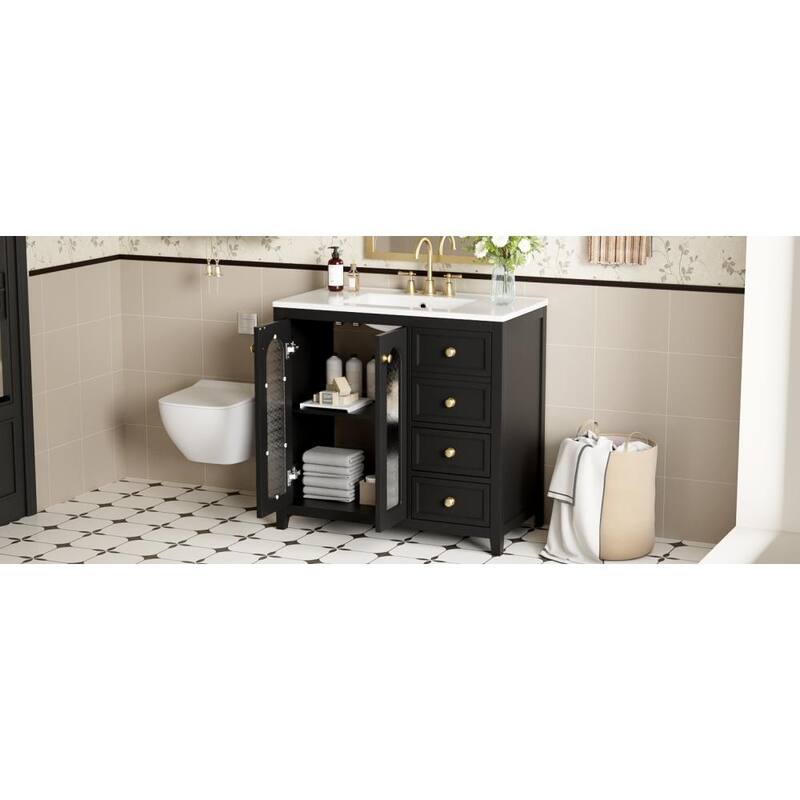 30''/36'' Bathroom Vanity with Sink, 3 Drawers Bathroom Storage Cabinet with Soft-Close Glass Door and Adjustable Shelf