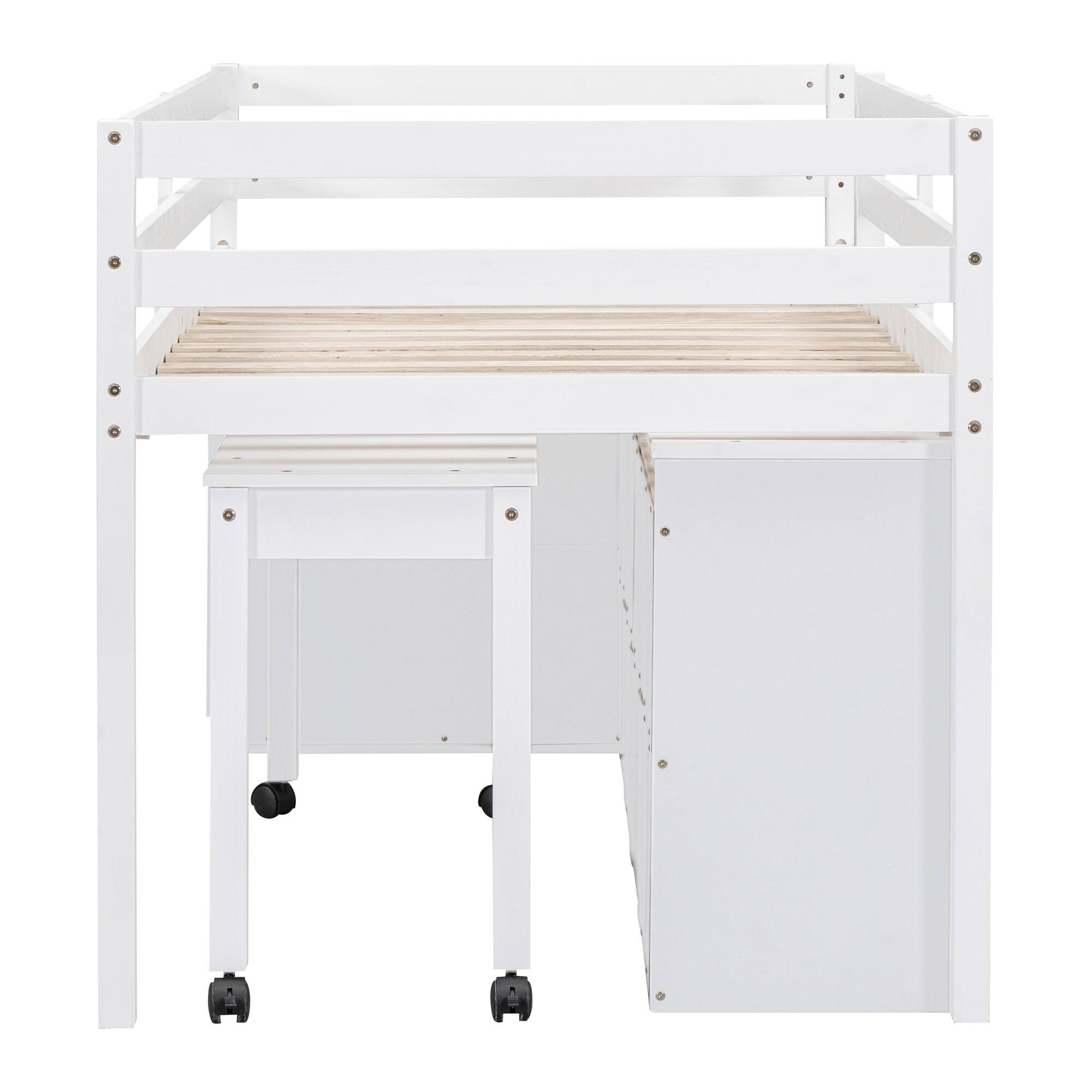 MultiFunctional Low Loft Bed with Retractable Desk & Shelves,Bedroom Wooden Loft Bed with 4