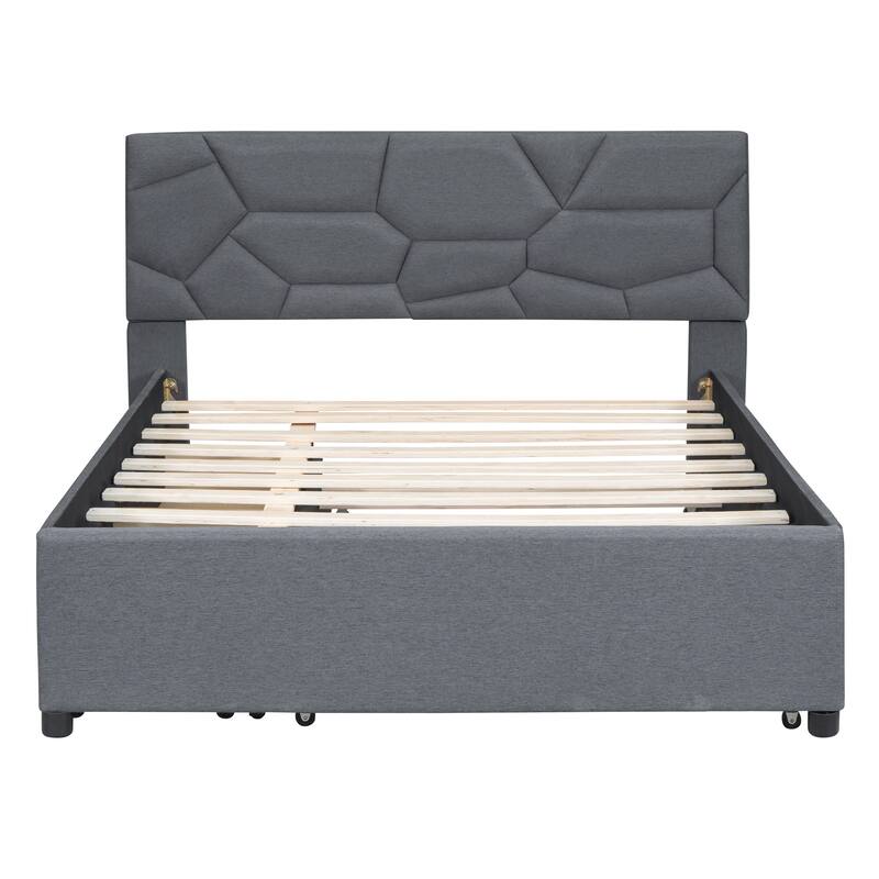 Full/Queen Size Upholstered Platform Bed with Stylish Brick Pattern Headboard, Trundle & 2 Drawers, Linen Fabric Comfort