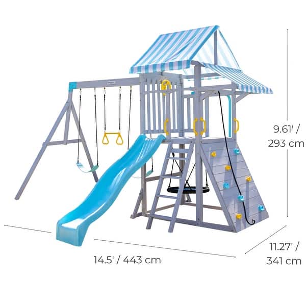 dimension image slide 1 of 2, Teamson Kids Everett Plus Swing Set Playset with Platform, Rock Wall, and Wave Slide