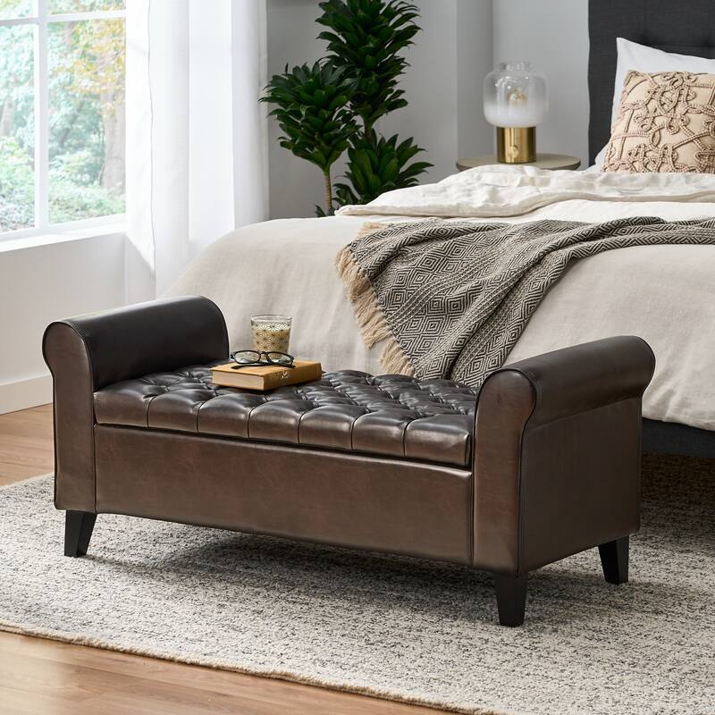Modern Storage Ottoman Bench Elegantly Rolled Arms,PU