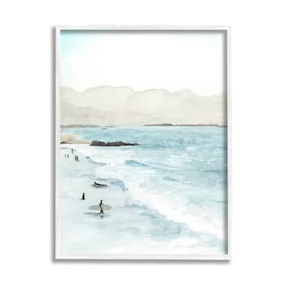 Stupell Surfing Shoreline Sea Waves Foggy Mountains Framed Wall Art, Design by Grace Popp - Blue