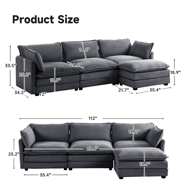 dimension image slide 15 of 16, Corduroy Sectional Sofa with Removable Ottomans & Ultra-soft Cushions for Living Room & Bedroom