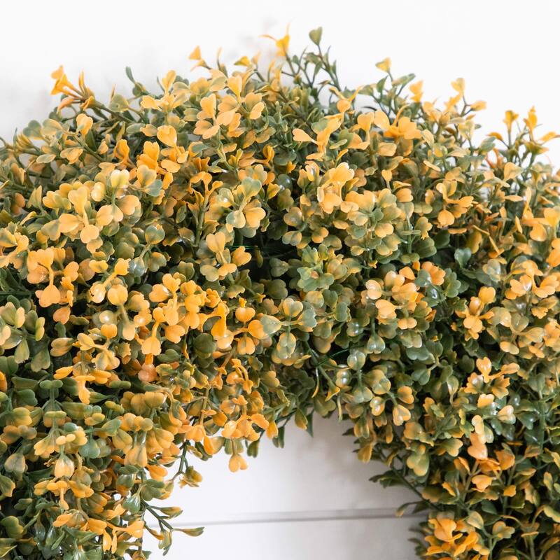 Pre-Lit Boxwood Artificial Fall Harvest Wreath - 18" - Warm White LED