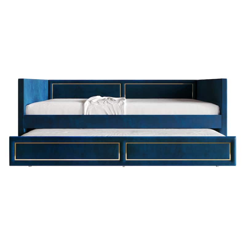 CraftPorch Deluxe Velvet Upholstered Twin Size Daybed with Trundle - Navy Blue