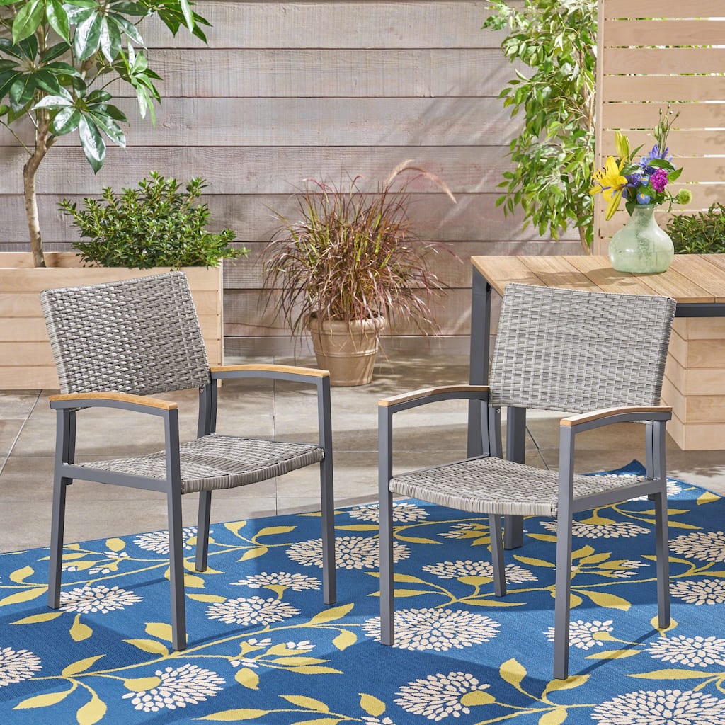 Roomfitters Outdoor Wicker Chairs with Metal Frame and Wood Armrests, Stackable Design, Set of 2, Grey