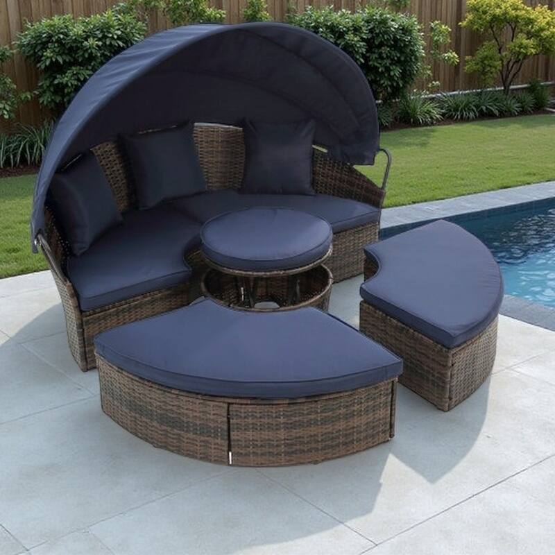 Round Outdoor Rattan Daybed with Adjustable Canopy, with Navy Cushions and Lift Coffee Table - Navy Blue