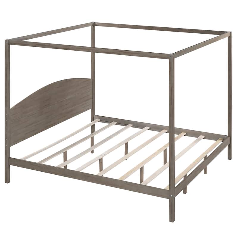 Four Poster Canopy Bed with Built-in Headboard and Support Legs King Size Bed Frame with Wooden Slat Support for Bedroom