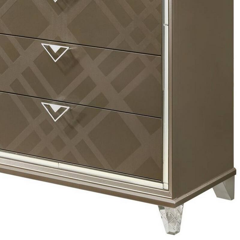 5 Drawer Wooden Chest with Acrylic Legs and Mirror Trim, Taupe Brown