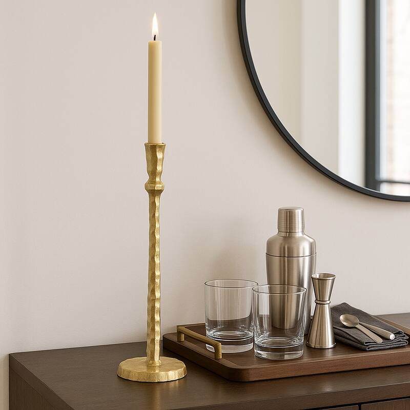Gold 15 in. Metal Hammered Taper Candle Holder - Gold/ Metallic - 15.0"