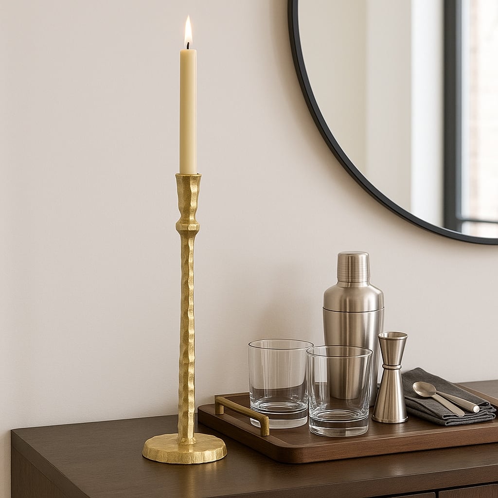 Gold 15 in. Metal Hammered Taper Candle Holder