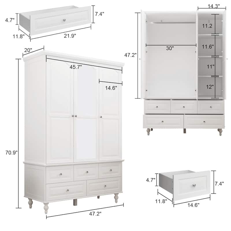 70.9"H White Lacquered Armoires Wardrobes With Mirror Doors