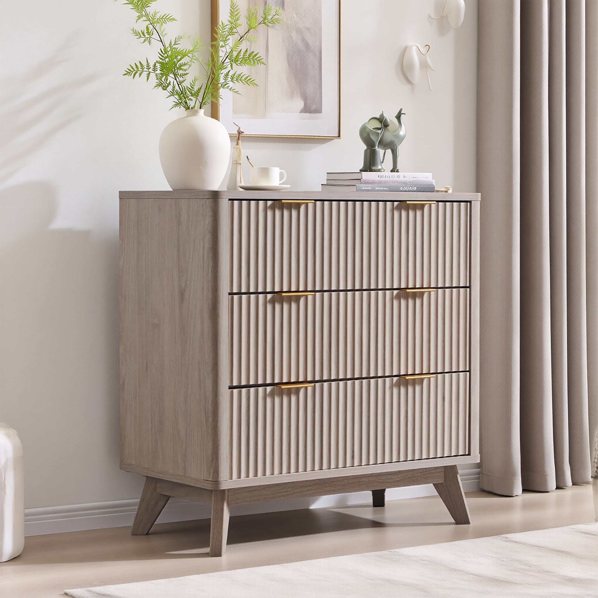 Modern fluted 3 Chest of Drawers, Dresser for Bedroom, Living Room